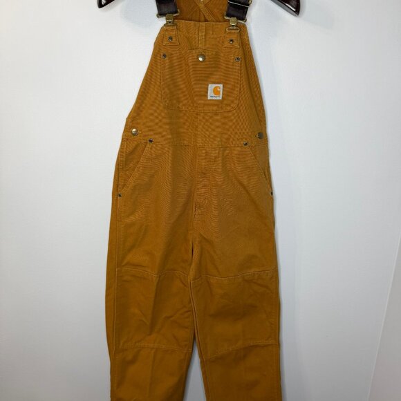 Carhartt Bib Overalls R01 M Duck Canvas Relaxed Fit Double Knee Brown Tan Kids - Picture 6 of 11